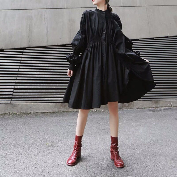 Fashion Fashionmonger Irregular Pleating Lantern Sleeve Large Swing Dress