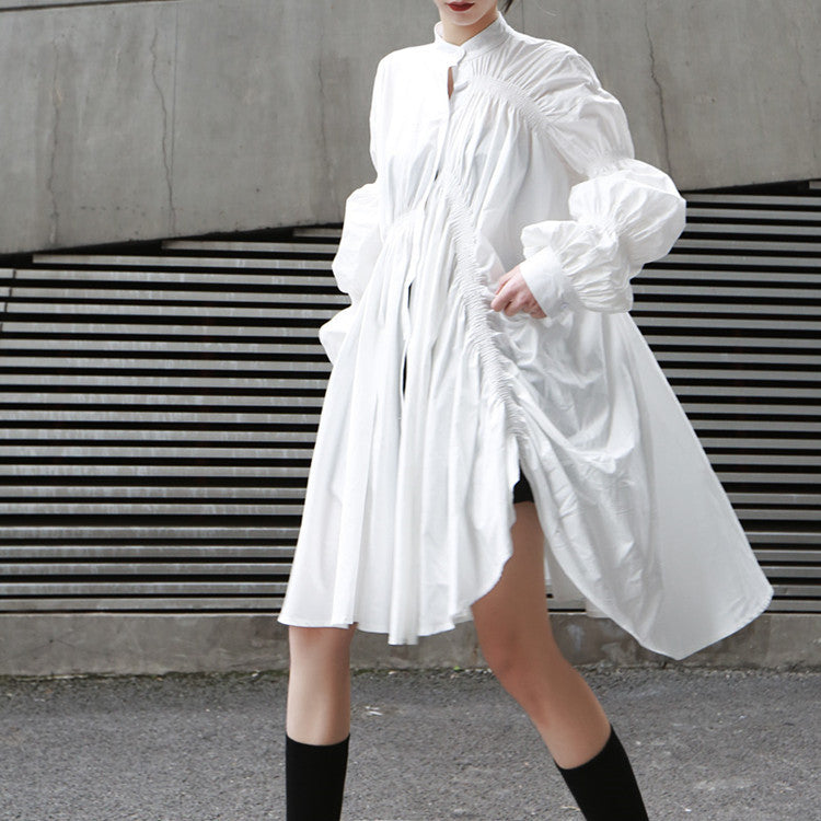 Fashion Fashionmonger Irregular Pleating Lantern Sleeve Large Swing Dress