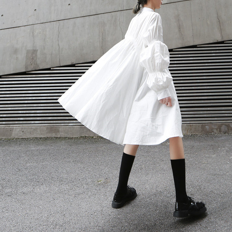 Fashion Fashionmonger Irregular Pleating Lantern Sleeve Large Swing Dress