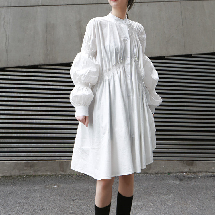 Fashion Fashionmonger Irregular Pleating Lantern Sleeve Large Swing Dress