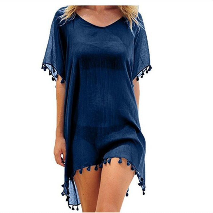 Women's Round Neck Chiffon Tassel Large Loose Beach Dress