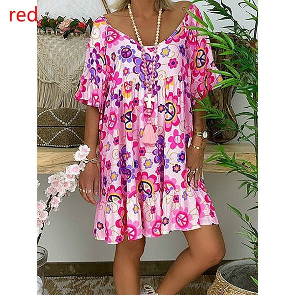 Women's Large Round Neck Sleeve Printed Dress