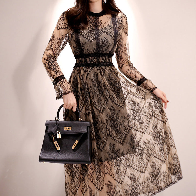 Women's Autumn Elegant Lace Large Hem Mid-length Dress