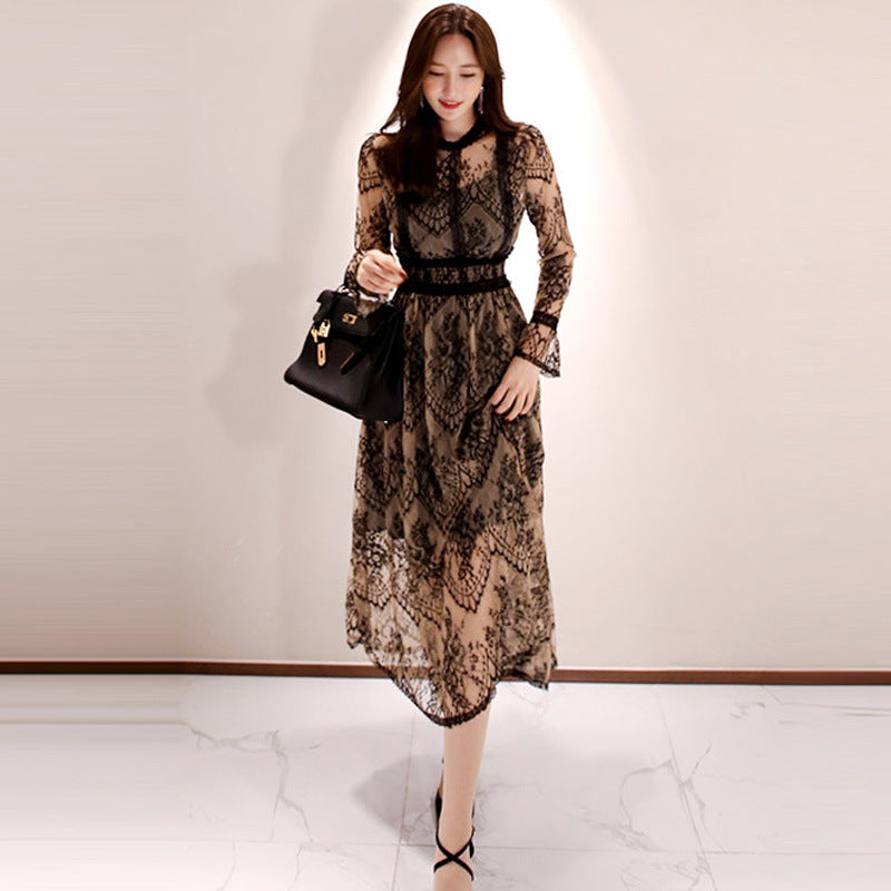 Women's Autumn Elegant Lace Large Hem Mid-length Dress