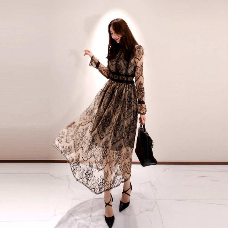 Women's Autumn Elegant Lace Large Hem Mid-length Dress
