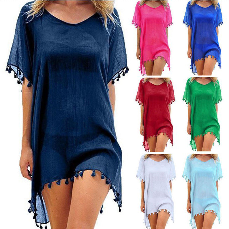 Women's Round Neck Chiffon Tassel Large Loose Beach Dress