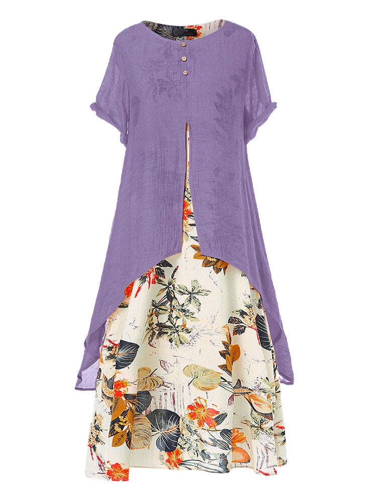 Women's Elegant Cotton Linen Floral Large Swing Dress