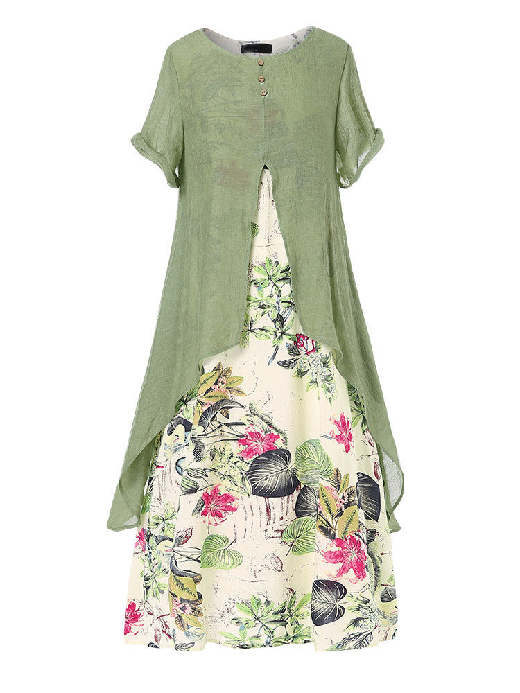 Women's Elegant Cotton Linen Floral Large Swing Dress