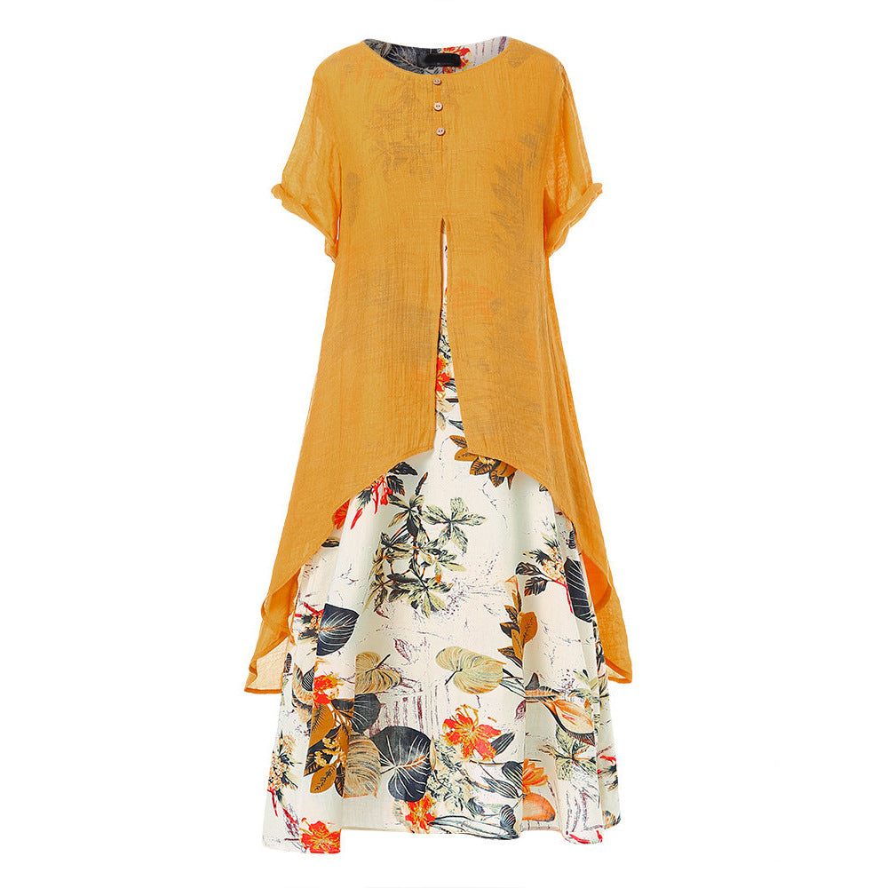 Women's Elegant Cotton Linen Floral Large Swing Dress