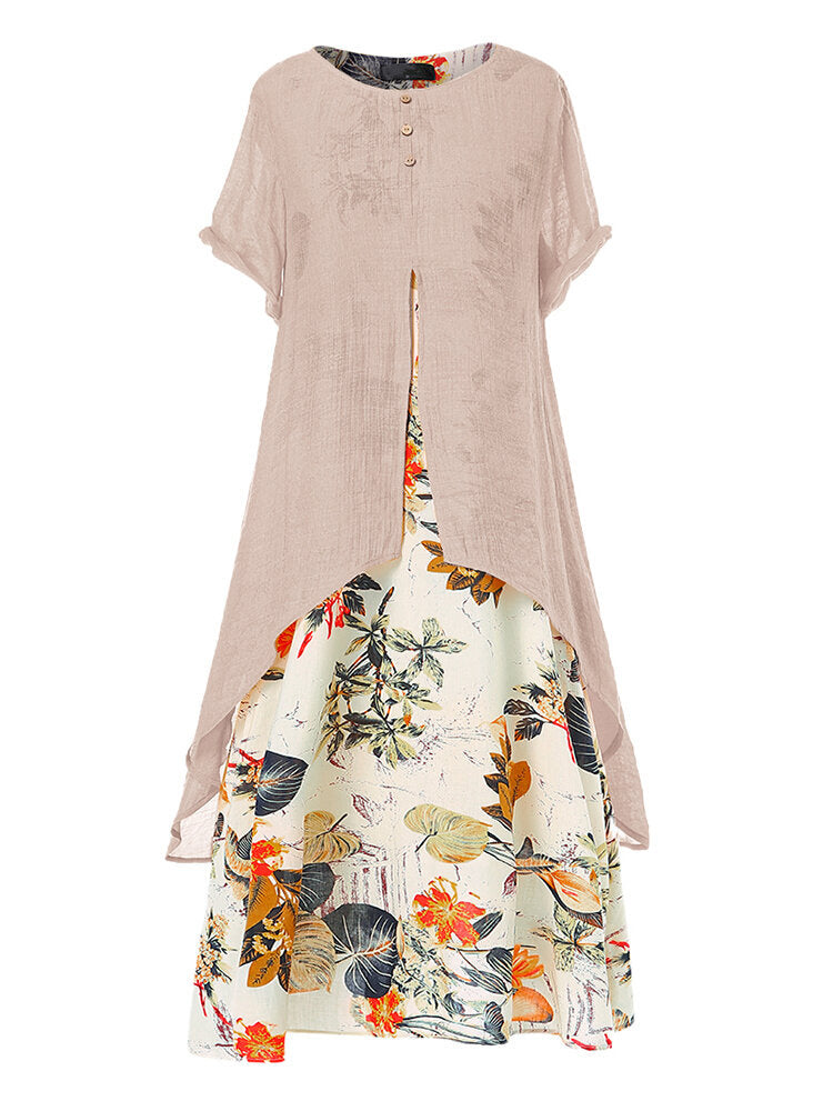 Women's Elegant Cotton Linen Floral Large Swing Dress