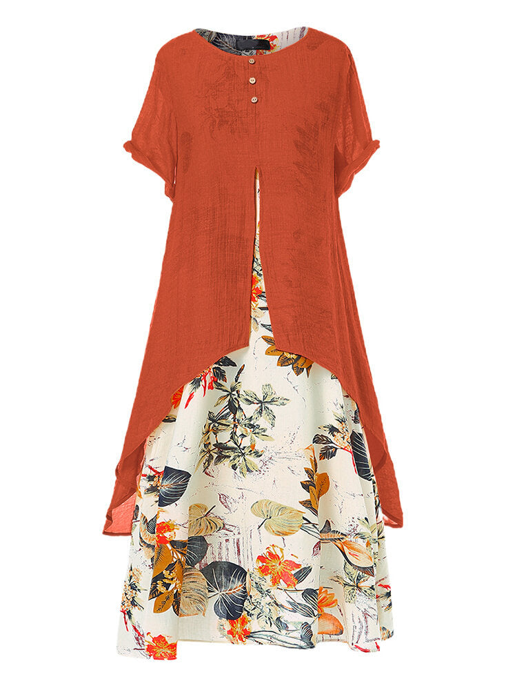Women's Elegant Cotton Linen Floral Large Swing Dress