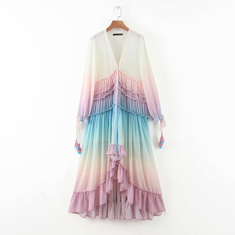 Women's Versatile Slimming Gradient Color Tassel Holiday Dress