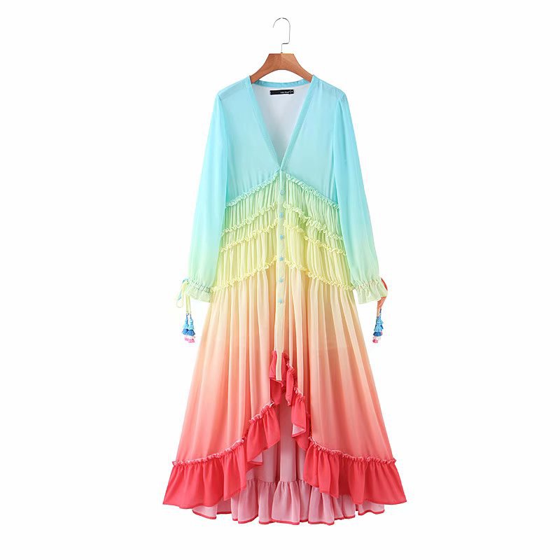 Women's Versatile Slimming Gradient Color Tassel Holiday Dress
