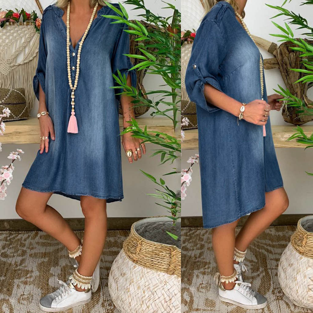 Women's Clinch Solid Color Casual Sleeve Denim Dress