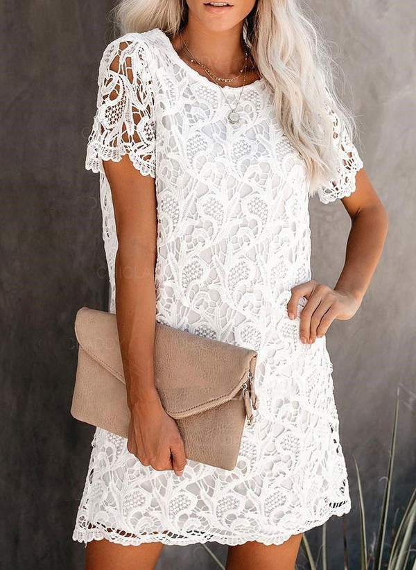 Classic Round Neck Hollow Lace Midi Dress