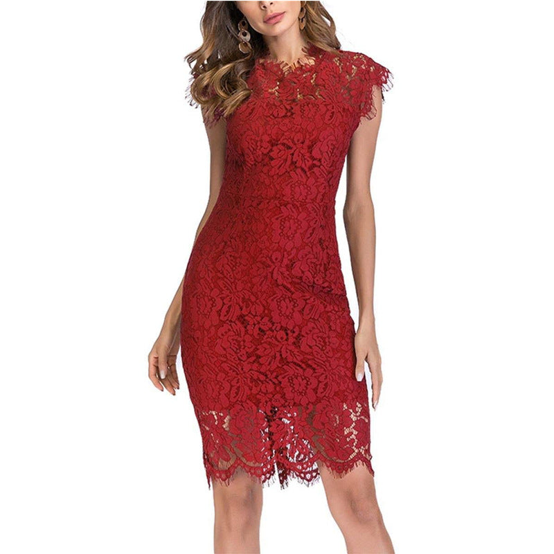 Women's Solid Color Lace Short-sleeved Sheath Dress