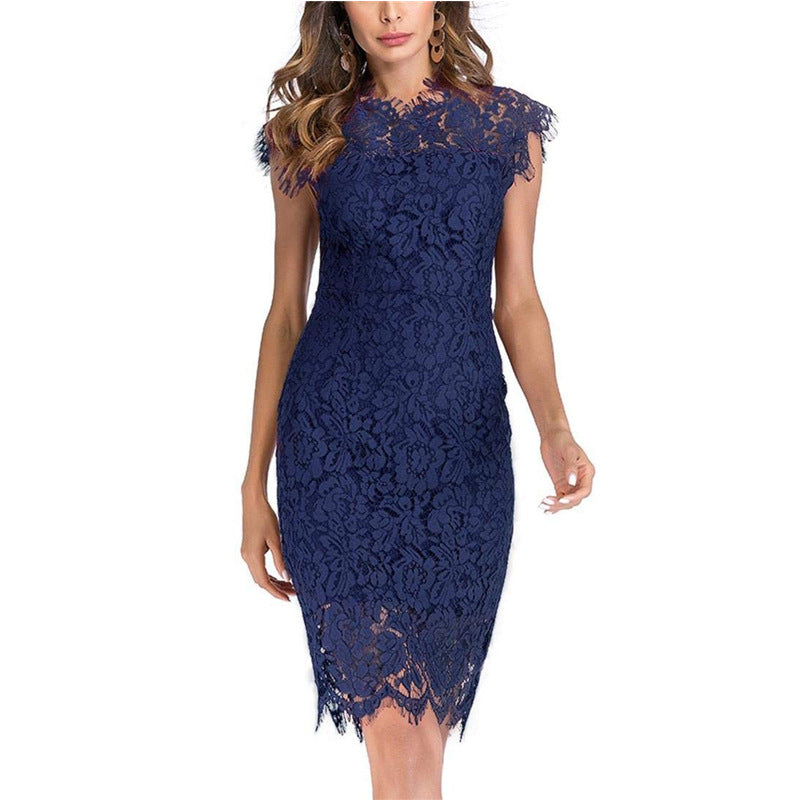 Women's Solid Color Lace Short-sleeved Sheath Dress