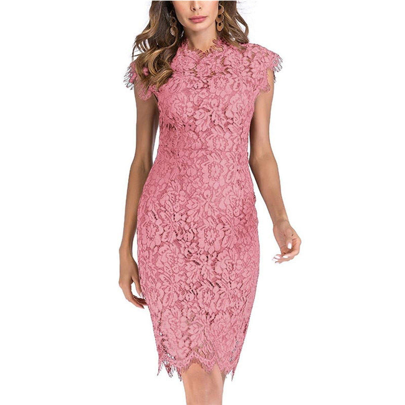 Women's Solid Color Lace Short-sleeved Sheath Dress
