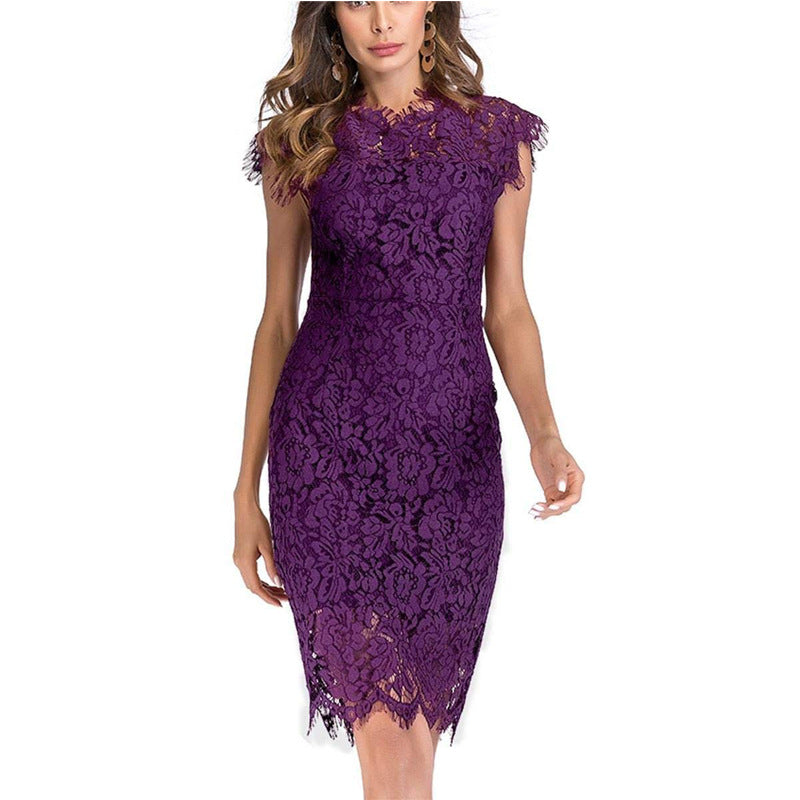 Women's Solid Color Lace Short-sleeved Sheath Dress