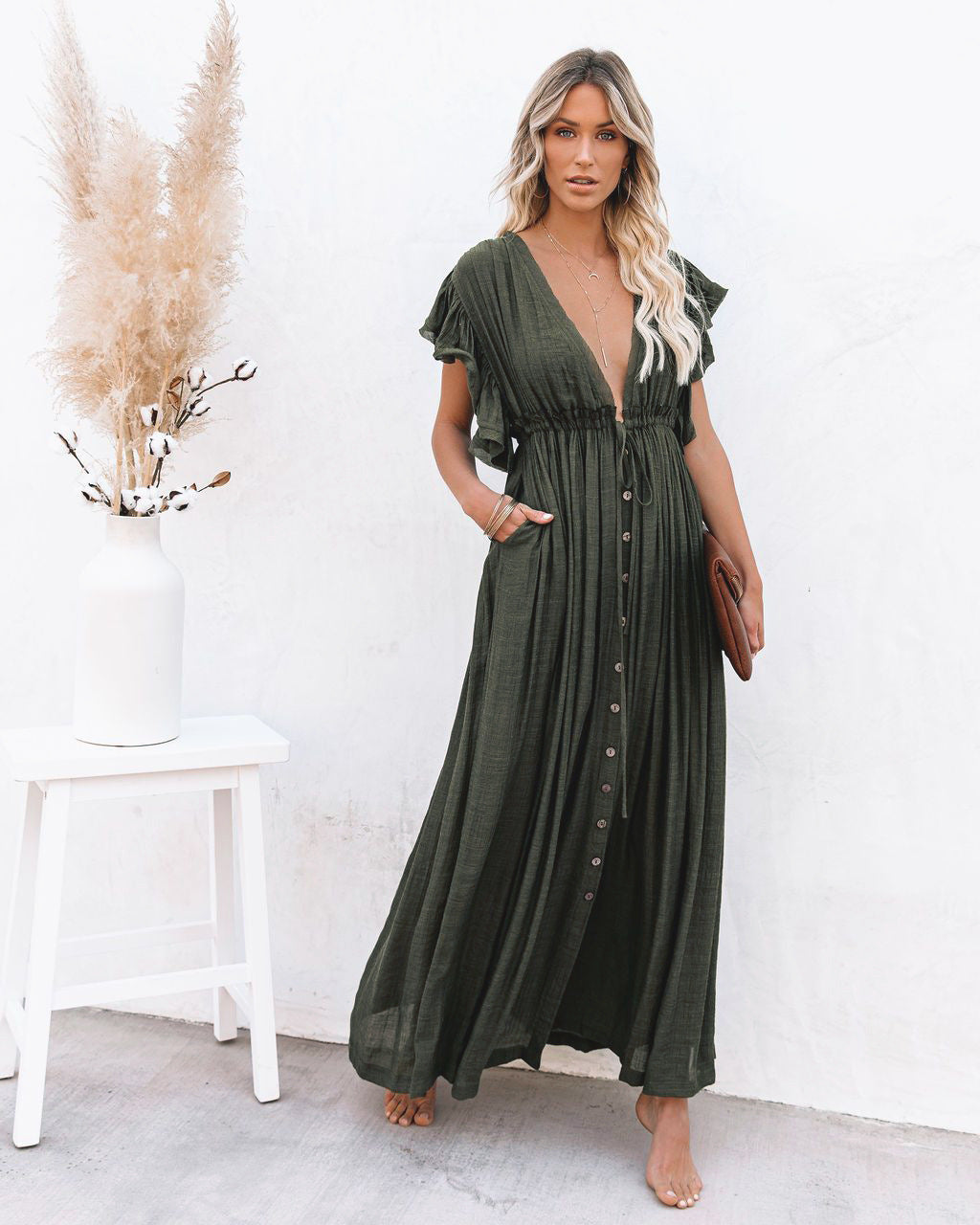 Cover-up Slubbed Fabric Waist Strap Long Sun Protection Dress