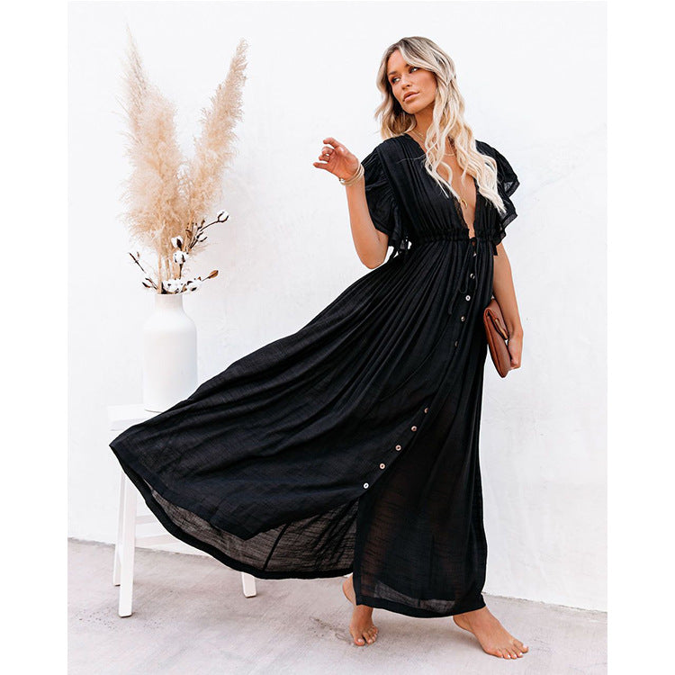 Cover-up Slubbed Fabric Waist Strap Long Sun Protection Dress