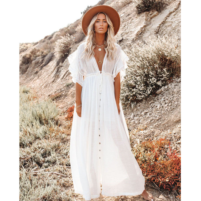 Cover-up Slubbed Fabric Waist Strap Long Sun Protection Dress