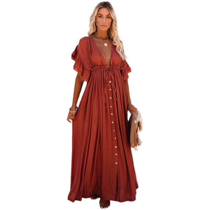 Cover-up Slubbed Fabric Waist Strap Long Sun Protection Dress