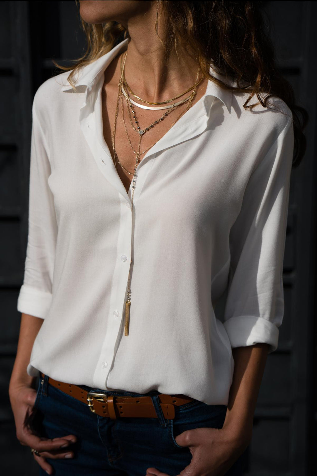 Women's Long-sleeved Deep V Button Chiffon Shirt Blouse