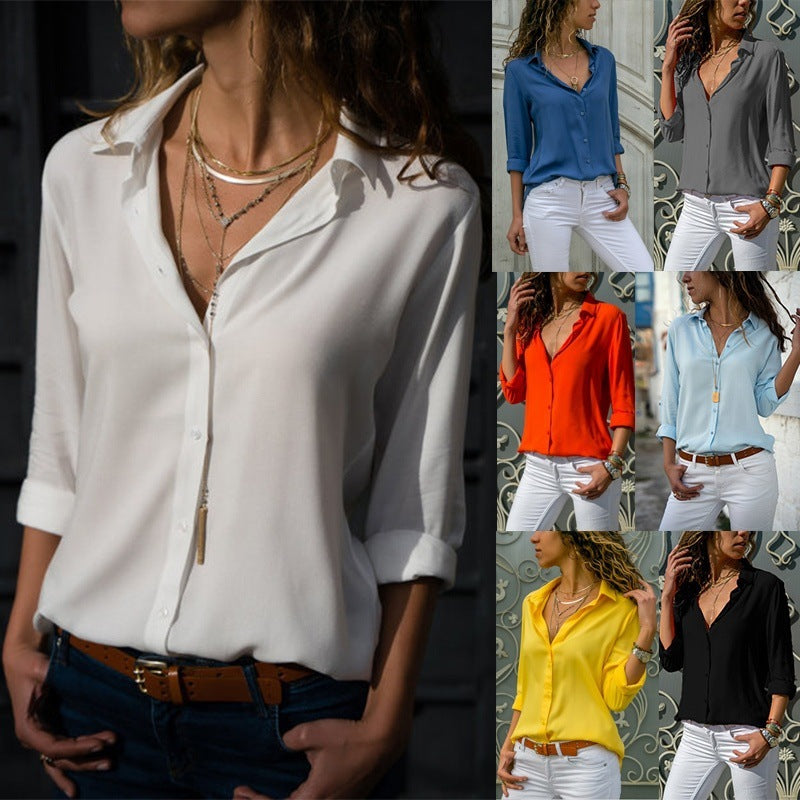 Women's Long-sleeved Deep V Button Chiffon Shirt Blouse