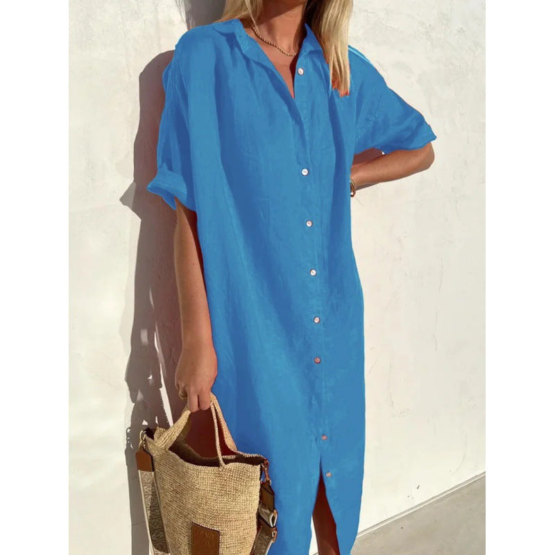 Women's Elegant Casual Loose Sleeves Button Cotton Linen Long Pocket Shorts