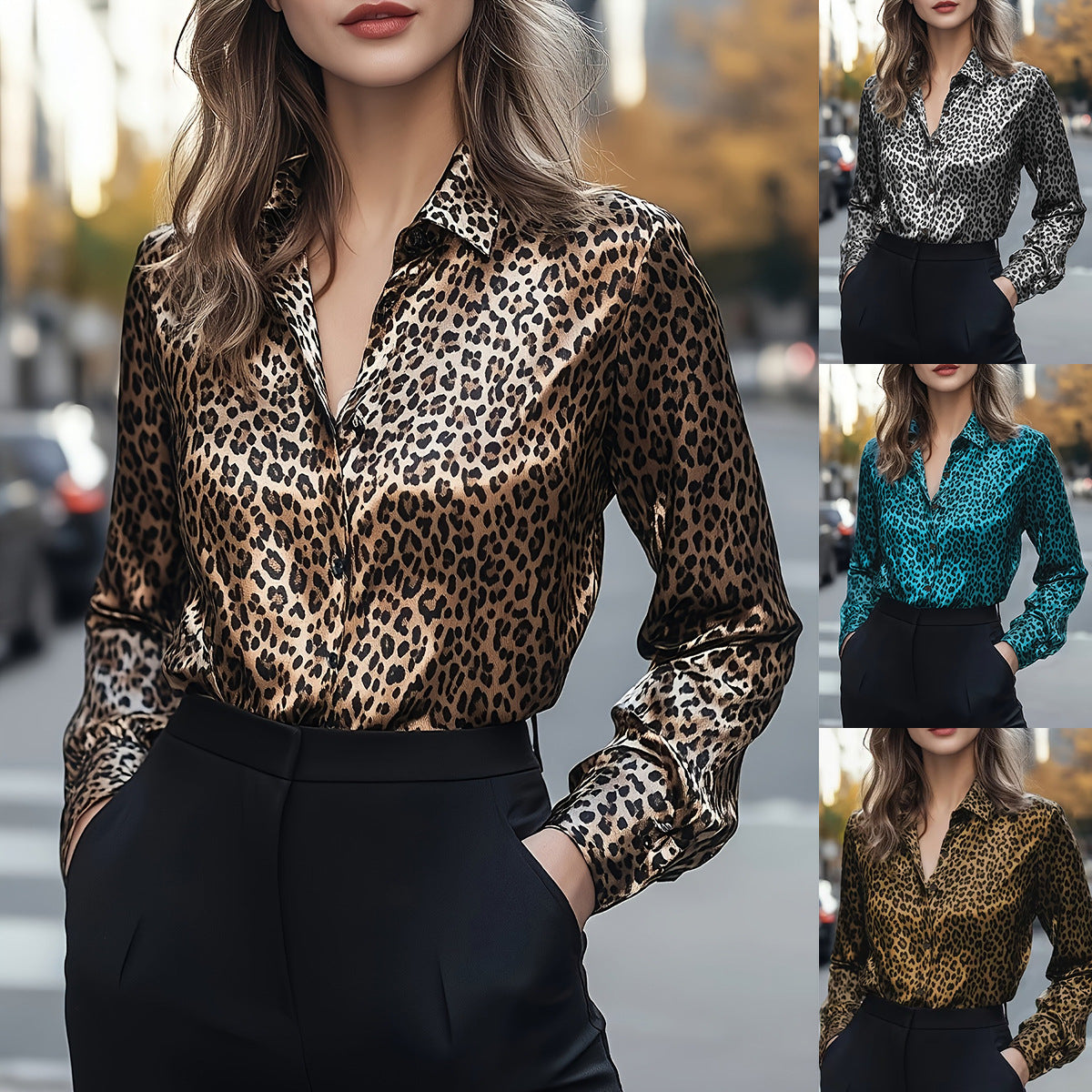 Women's Leopard Print Sexy Single-breasted Long Sleeve Blouse
