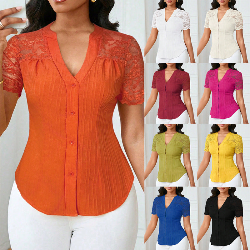 Women's Fashion Single-breasted Solid Color Embroidery Hollow Tops