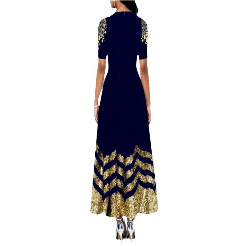 Women's African Long Round Neck Elegant Retro Dress