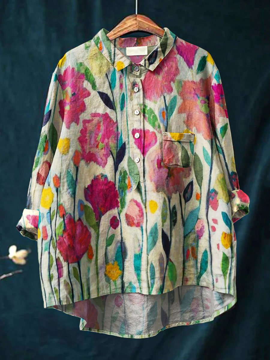 Women's Long-sleeved Personality Printing Lapel Comfortable Long Sleeve Half Button Blouse