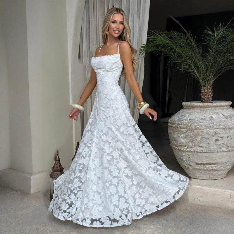 Women's Elegant Lace Sexy Backless Spaghetti Straps Dress