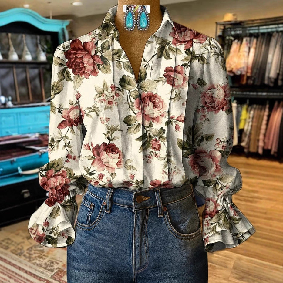 Women's Digital Printing Bohemian Trendy Bell Sleeve Blouse
