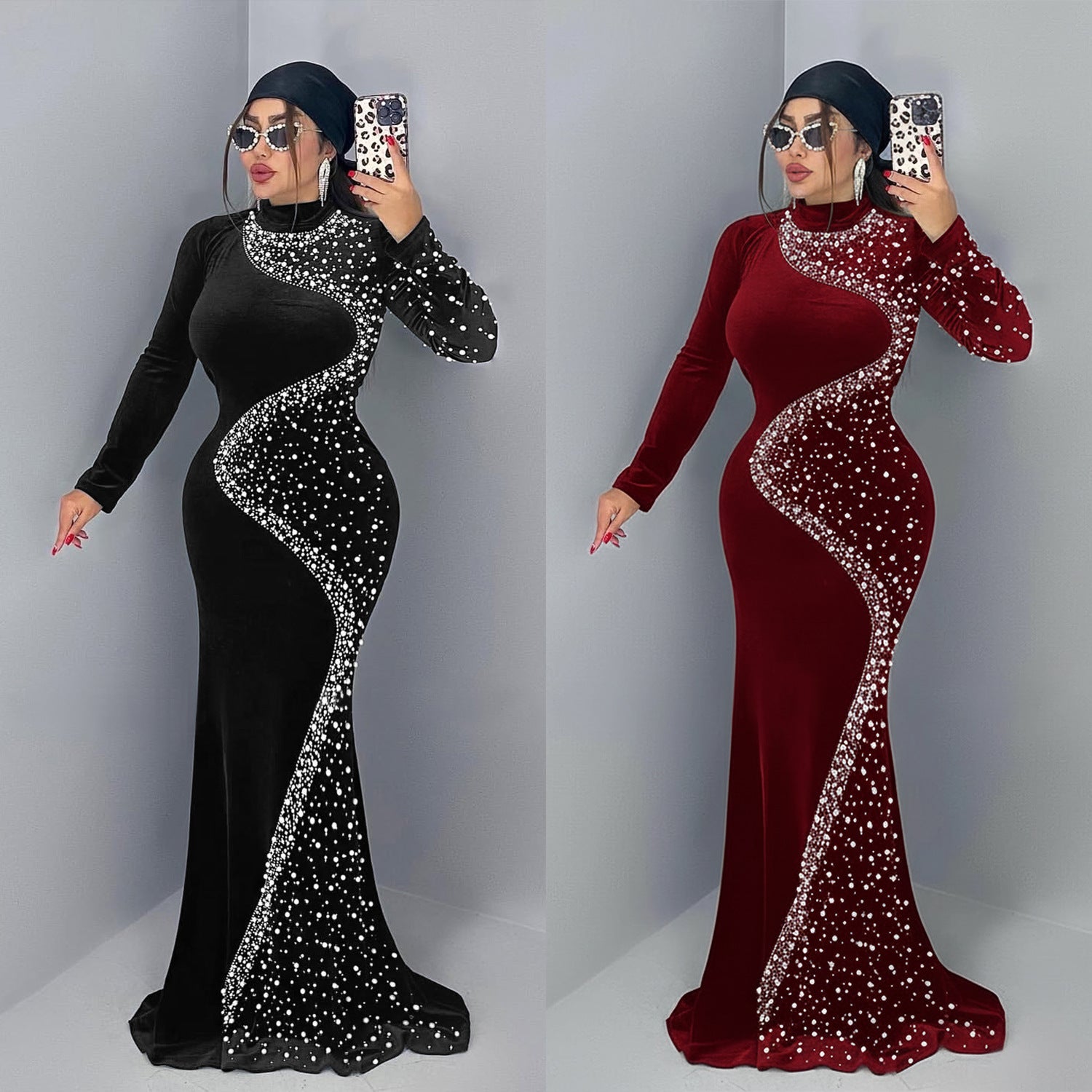 Women's Fashion Wear Elegant Veet Rhinestone Dress