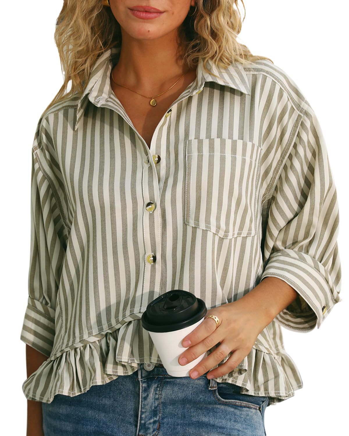 Women's Commuter Striped Lace Hem Loose Shirt Half Blouse