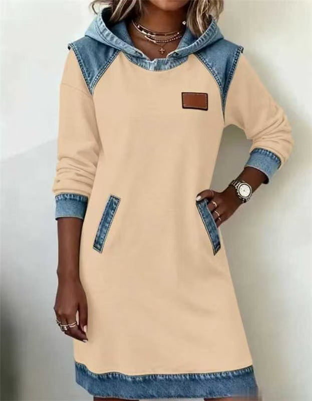 Denim Color Matching Ladies Hoodie Contrast Hat Dress