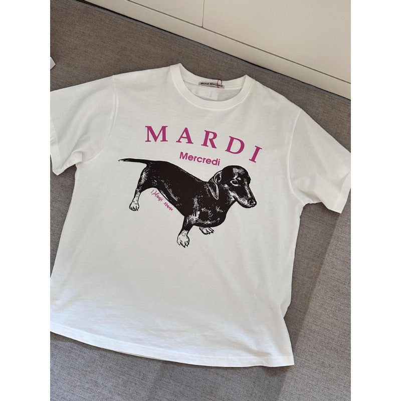 Sleeve Little Daisy Sausage Dog Printed Round Neck Pure Shorts
