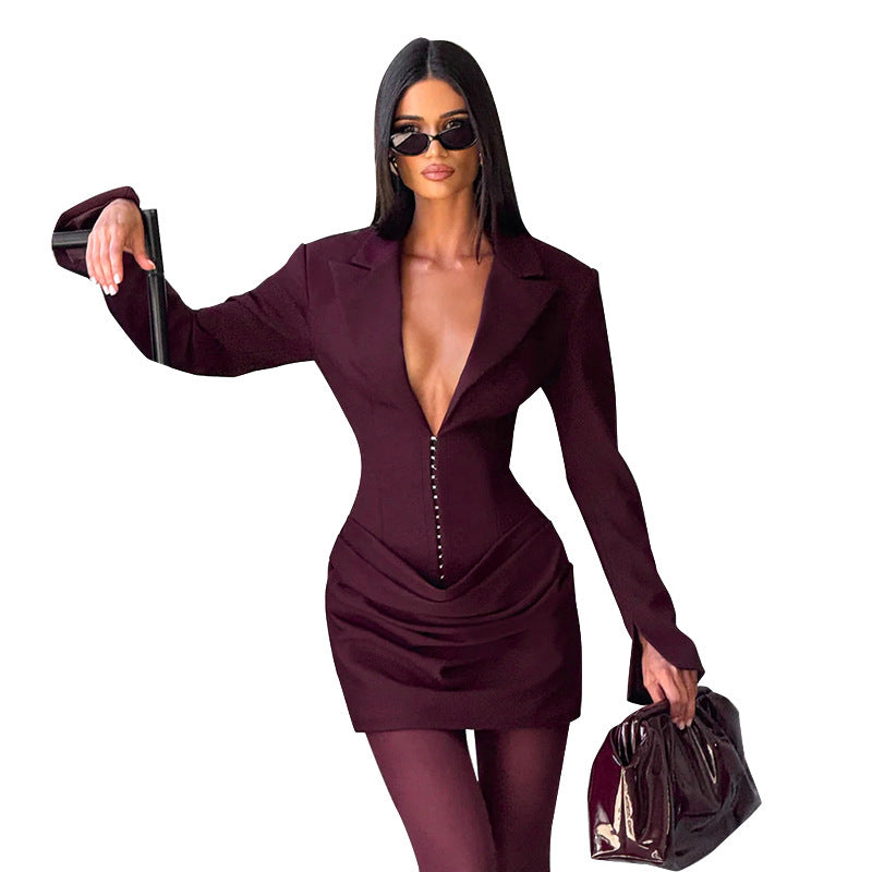Women's Temperament Pure Color Deep Lapel Pleated Mini Dress