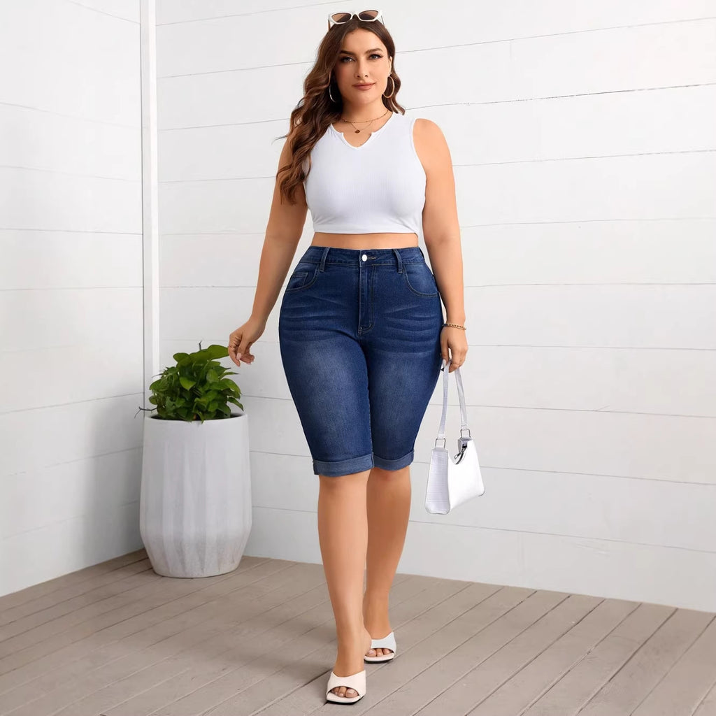 Large Washed Blue Stretch Denim Figure Flattering Women's Jeans