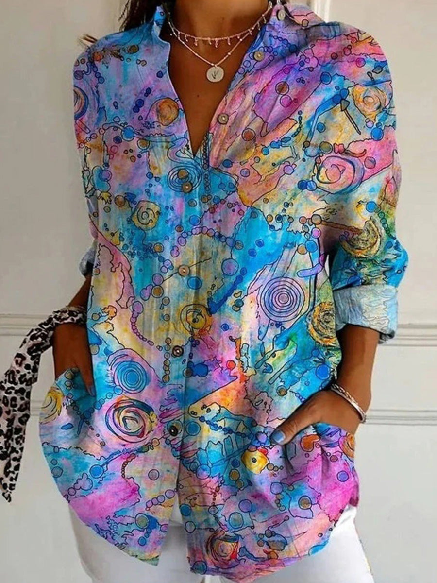 Women's Digital Printing Abstract Pattern Long Sleeve Buckle Blouse