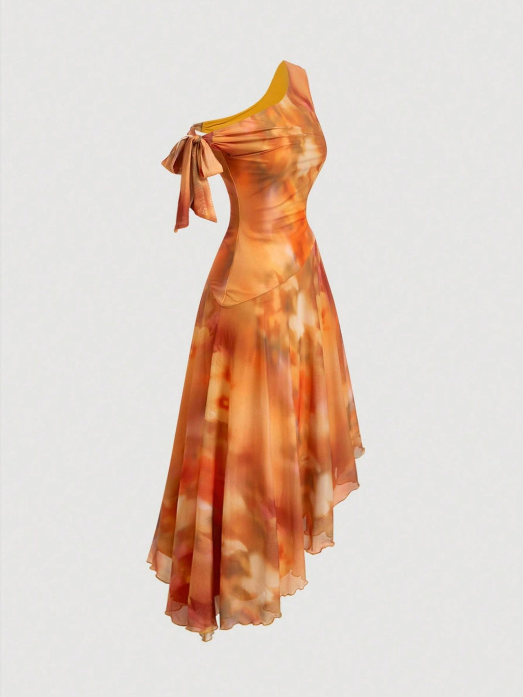 Summer Wear Elegant Asymmetric Shoulder Mesh Floral Print Dress