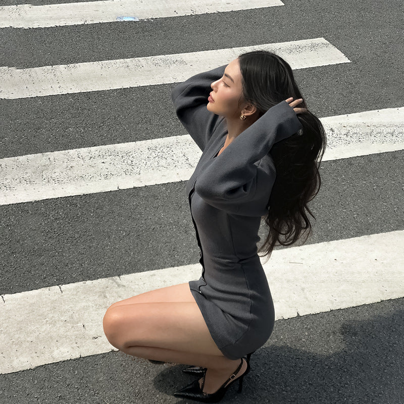 Women's Sexy Deep Knitted Long Sleeves Waist Dress