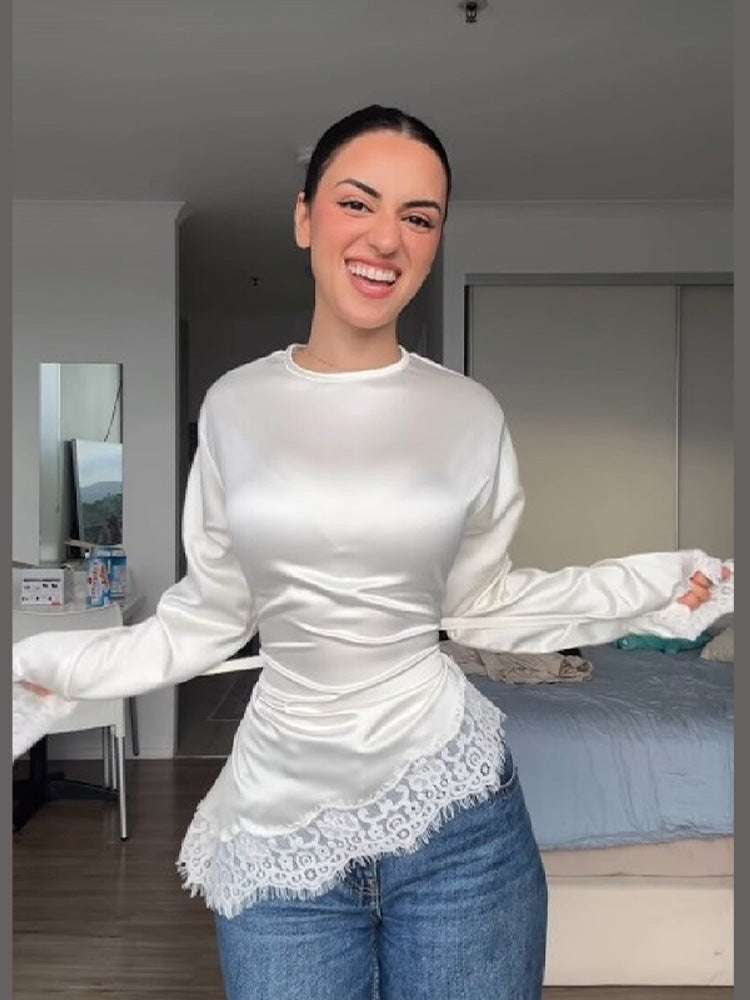 Women's Satin Lace Patchwork Round Neck Long Sleeves Tops