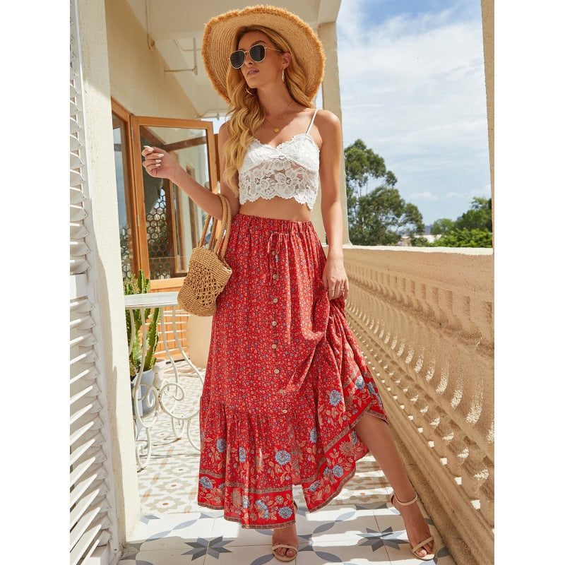 Waist Rayon Printed Breasted Split Seaside Holiday Skirts
