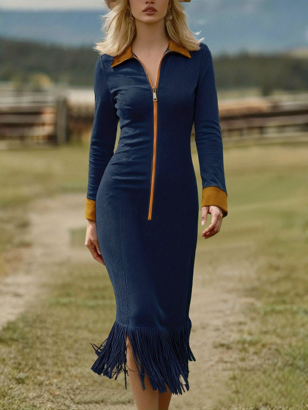 Women's Tassel Suede Contrast Color Long Sleeves Dress