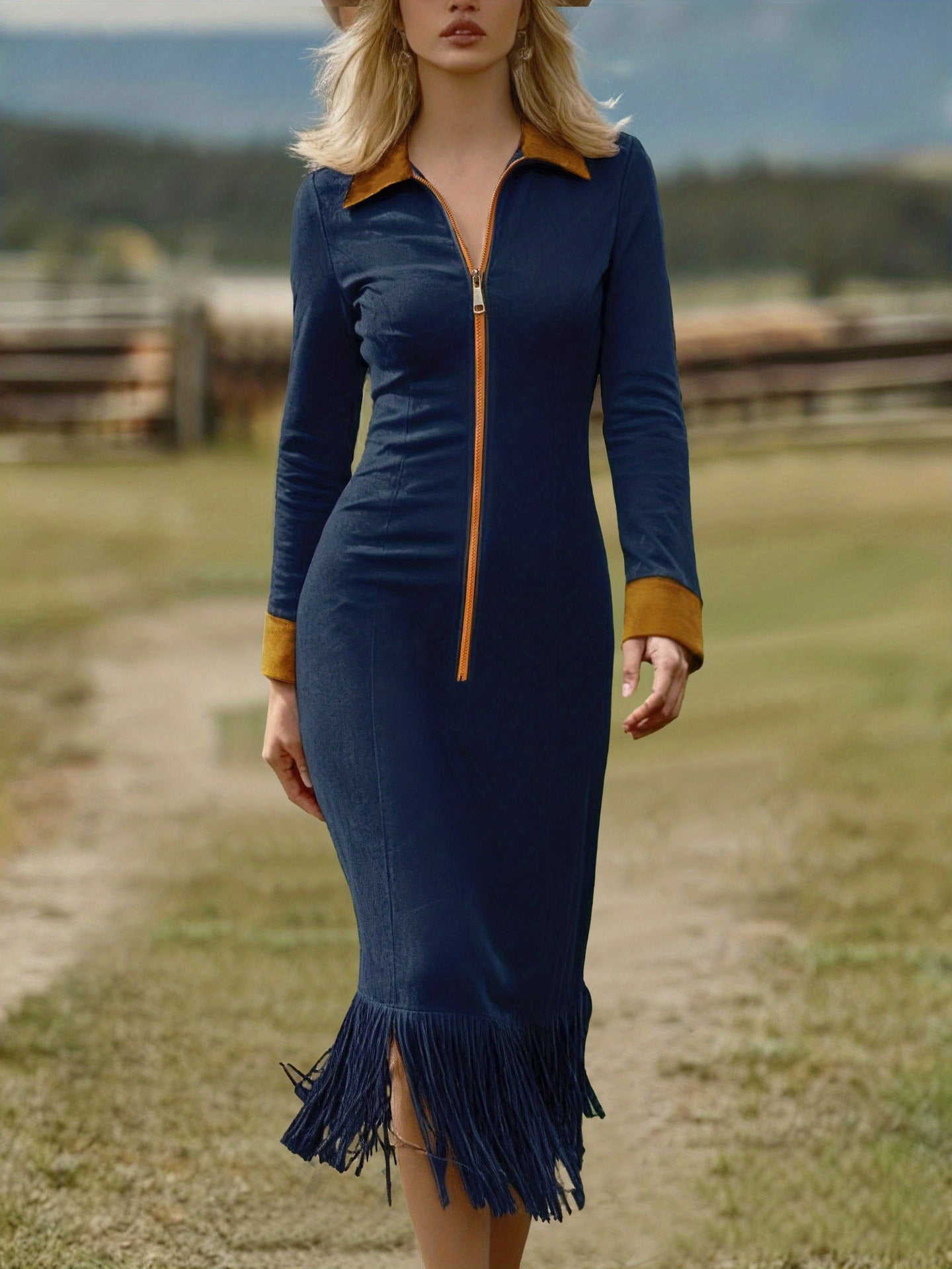 Women's Tassel Suede Contrast Color Long Sleeves Dress