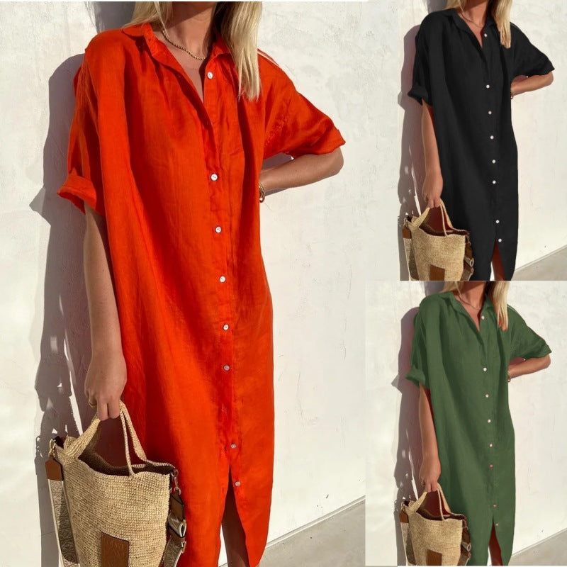 Women's Elegant Casual Loose Sleeves Button Cotton Linen Long Pocket Shorts